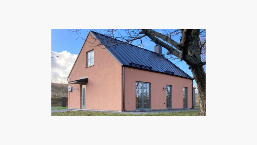 Bild på ett rosa hus under hösten